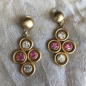 Gold pink & white rhinestone earrings